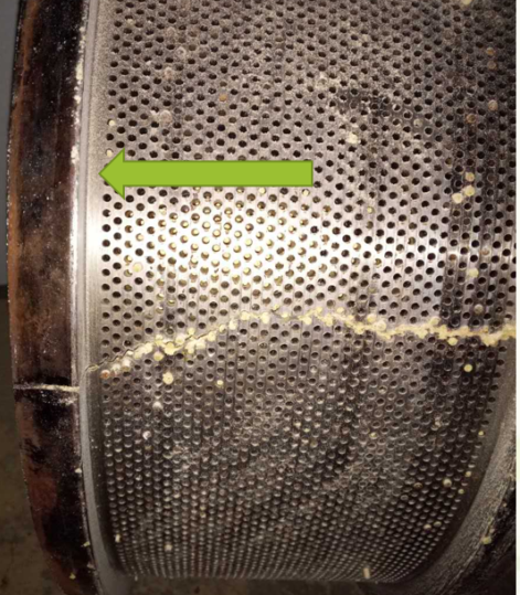 Close-up of abnormal wear zone on ring die